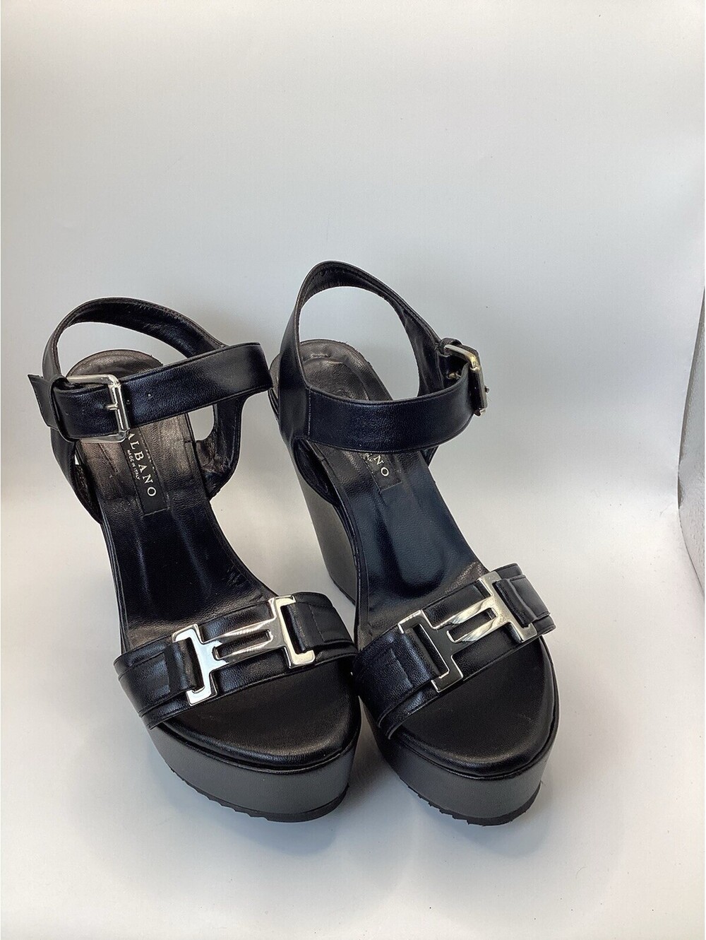 Albano Black Leather Platform Wedge Sandals With Silver Hardware Size 6